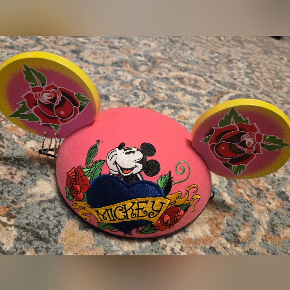 Disney Ed Hardy Pink Mickey Mouse Ears Hat Tattoo Design Embroidered